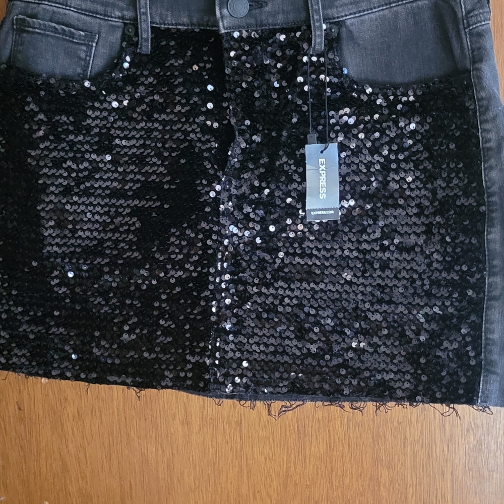 NWT Express High-waisted Black Denim Sequin Mini Skirt